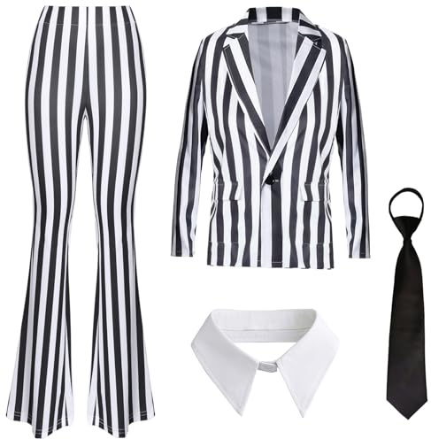Boyigog Horror Damen Schwarz-Weiß Gestreiftes Kostüm 4Pcs mit Krawatte Streifen Blazer Jacke, 80er Jahre Halloween Horror Anzug, Karneval Halloween Fancy Dress Cosplay Kostüm