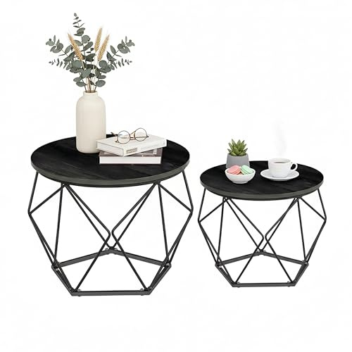 Relaxdays Couchtisch, 2er Set, Holzoptik & Metall, Vintage-Design, runde Beistelltische, Wohn- & Schlafzimmer, schwarz