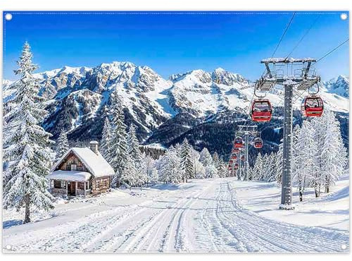 Luminora 2,1x1,5m Winter Mountain Ski Resort Kulisse Verschneiter Kiefernwald Rote Gondel Sessellift Rustikale Hütte Hintergrund Urlaubsparty Dekorationen Fotobanner Requisiten