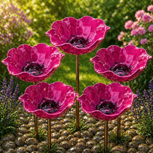 Blumen Gartenstecker Vogeltränke– Handgefertigter Metall Gartenstecker als Bienentränke & Vogelbad, Insekten Tränke für Garten – Geschenk zum Muttertag (Rosa,5pcs)