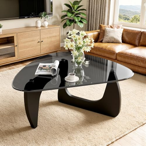 Aivermeil Beistelltisch Dreieckiger Couchtisch Rauchglas Grau, Wohnzimmertisch im Industrial Design, MDF Holz Beine Schwarz, 90x60x43cm, Moderner Loft Kaffeetisch Sofatisch Glastisch