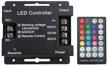 RF LED Lights Controller with 28 - Key RGB Remote, Dimmer Switch for 12V–24V DC LED Strip, Iron Housing Memory Function, Wireless RF Remote Control up to 50m