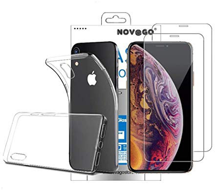 NOVAGO Compatible con iPhone XR - Combo Funda Gel de Silicona + 2 Protectores de Pantalla de Vidrio Templado