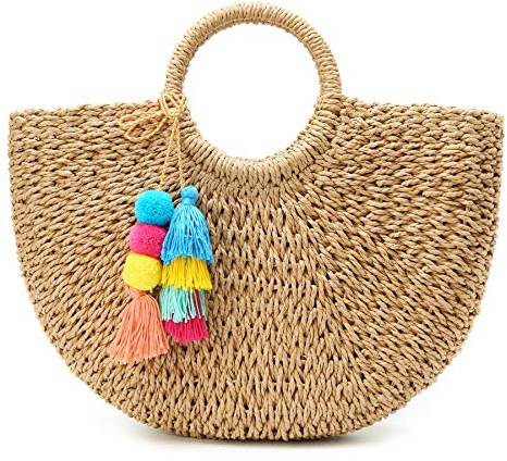 Große Stroh-Strandtasche für Damen, Hobo-Sommer, handgewebt, mit Pompons