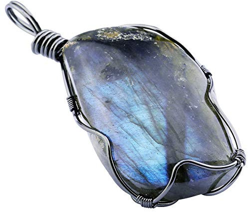 mookaitedecor Labradorite Collier Pendentif Pierre Naturelle Lithothérapie Semi Precieuse Fil Cuivre Bijoux avec Chaîne