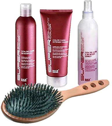 HAIR HAUS Super Brilliant Color Care Set: Shampoo 250ml + Mask 200ml + Leave-In Spray 200ml + HAIR FORCEHaarbürste Palisanderholz Naturborste Wildscheinborste