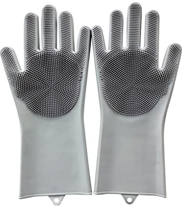Voarge Silikon Handschuhe, Reinigungsbürste, Silikon Spülhandschuhe mit Wash Scrubber, Antibakterielle Reinigung Handschuhe, für Küche, Abwasch, Tierpflege, Bad, Autowäsche(Grau)