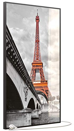 STEINFELD Heizsysteme® Infrarot Heizung mit Thermostat Glas 4mm ESG Sicherheitsglas viele Motive 350-1200 Watt Rahmen schwarz (600 Watt, 039H Eiffelturm Rot)