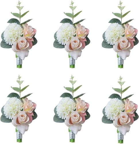 Set of 6 Champagne Pink Wedding Boutonniere Buttonholes Rose Flower Groom Groomsmen Man Boutineer Flowers Corsage Homecoming Prom Party Suit Decor