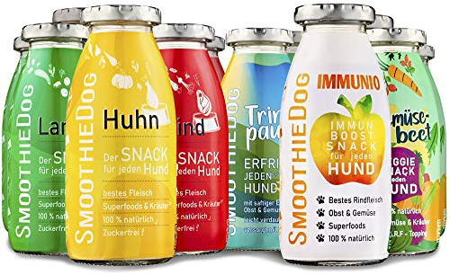 SmoothieDog Hundesmoothie 12er Mix - je 2X: Huhn, Rind, Lamm, Trinkpause (Ente), Immunio (Rind), Gemüsebeet (vegetarisch) - Flüssiges Hundeleckerli - Zucker- & glutenfrei - je 250ml