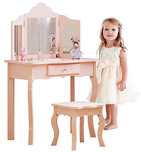 Jooli Girls Dressing Table with Mirror and Stool, Kids Wooden Vanity Table with Drawer and 3 Foldable Mirrors, Children's Makeup Desk for Age 3-12, Pink