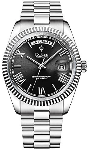 CADISEN Automatik Uhr Herren Mit Gangreserve Automatik Saphirglas Wasserdicht Edelstahlarmband (Schwarz)