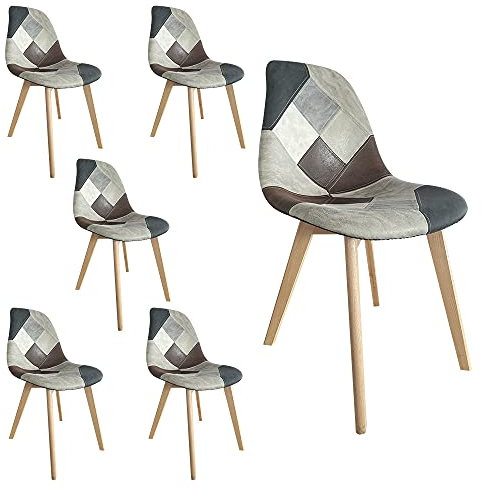 Gepolsterte Esszimmerstühle Patchwork mit Holzbeinen im Set von 2, 4, 6 Stück (Braun, 6)