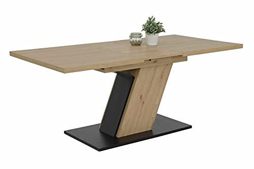 Hela Tische, Säulentisch Esstisch Jeanette, Holzwerkstoff, Dekor Artisan Eiche, Bodenplatte Schwarz, Synchronauszug 140-180x90cm