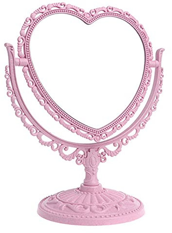 NOPEILVI Makeup Mirror Heart Geformter drehbarer doppelseitiger Desktop Kosmetik Eitelkeit Spiegel Vintage Kleine Desktop Spiegel Herzspiegel Mädchen Spiegel für Schlafzimmer Badezimmer (Rosa)
