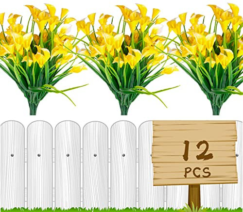 Flores artificiales, 12 plantas falsas de lirio de cala, decoración al aire libre, plantas falsas resistentes a los rayos UV, flores falsas de plástico, jardín, porche (amarillo)