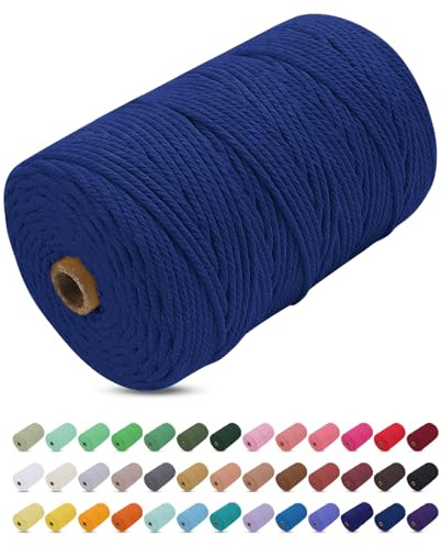 Corde Macramé 3mm x 200m, Uiopa Fil Macramé 3mm Corde Coton Naturelle 4 Brins, Coloré Ficelle Cordon Coton pour Tressée DIY, Tentures Murales, Porte Plante, Rideau, Decoration Boheme (Bleu)