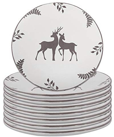 Christmas Dinner Plate Set of 8 - Hand Painted Grey & White Reindeer Stoneware Crockery Dinner Service Dishwasher & Microwave Safe