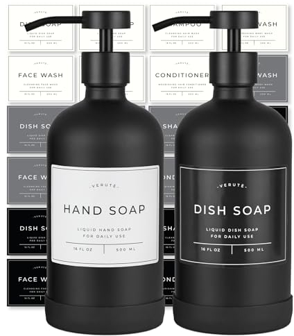 Verute 453.6 g Glasseifenspender mit Edelstahlpumpe, 21 wasserdichte Etiketten, rutschfestes schützendes Silikonpad, 2er-Set für Bad & Küche (mattschwarze Flasche/Schwarze Pumpe)