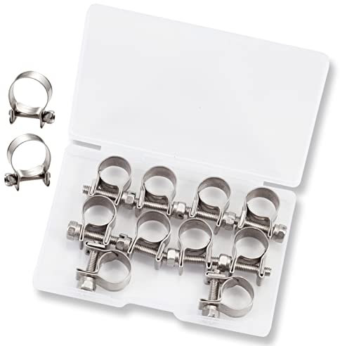 LEONTOOL 10pcs Stainless Steel Mini Fuel Line Pipe Hose Clamp Clip 10-12mm Fuel Injection Line Style Hose Clamp Adjustable Pipe Hose Clip Tube Clamps for Diesel Petrol Pipe (3/8 - 1/2 Dia)