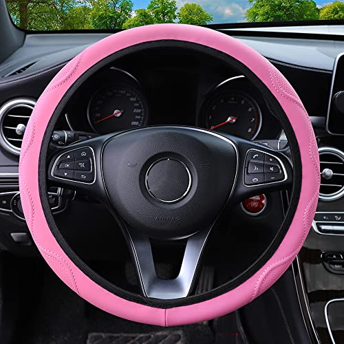 Lenkradbezug Aus PU Leder - 37-38cm Universal Rutschfest Lenkradabdeckung für Auto Innenraum - Lenkradschoner für Sommer Winter, Rosa