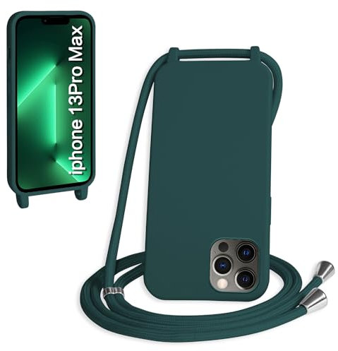 WenBaby Funda con Cuerda para iPhone 13 Pro MAX, Líquida Silicona Carcasa con Cordón Ajustable Collar Correa de Cuello, Cubierta Prueba Golpes con Microfibra Forro (Verde Oscuro)