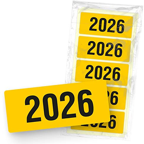 itenga 50x Jahresetiketten Ordner Inhaltsschild Jahreszahl I Aufkleber für Akten selbstklebend aus Haftpapier Rechteckig 6x2,5cm (Kalenderjahr 2026 (gelb))