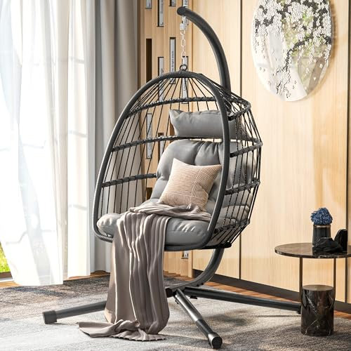 YITAHOME Rattan Swing Egg Chair, Max. load 150 kg, Hanging Egg Chair with Cushion & Stand, Basket 105x72x74 cm Garden Egg Chair Sturdy Steel Frame for Indoor & Outdoor, Black Egg Chair & Grey Cushion