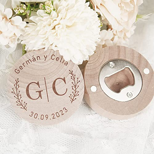 Abrebotellas personalizado para bodas, nevera, personalización inicial y fecha, abridor de botellas de cerveza, decoración de madera divertida (imán, abrebotellas magnético de madera, recuerdo d