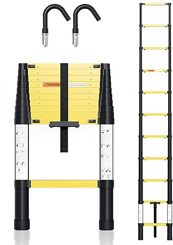 Cecaylie 3.2M Aluminium Teleskopleiter mit Softclose, Teleskop Rutschfester mit 2 Abnehmbarem Haken, EIN-Knopf-Rückzugs Teleskopleitern Max Belastung 150 kg (Schwarz)