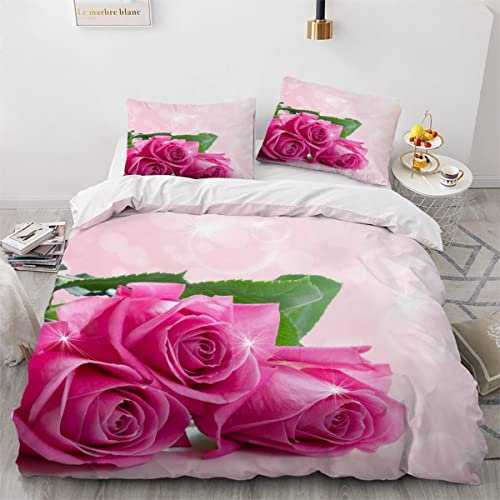 AKATIE Duvet Cover King Size 3d Printed Adults Teenager Microfiber Fluffy Kingsize Bedding Red Rose Pink Flowers Comforter Cover King Size Bedding with Pillowcases(230x220)