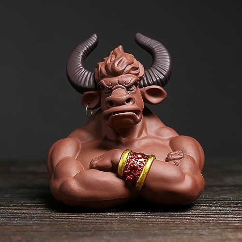 Pevfeciy Stier figur deko Keramik Bulle figur statue deko Stierstatue des Kriegsgottes,Muskulöser Stier,Wehre das Böse ab,FengShui Skulptur Home Office Schreibtisch dekorative Verzierung,Braun,11x12cm