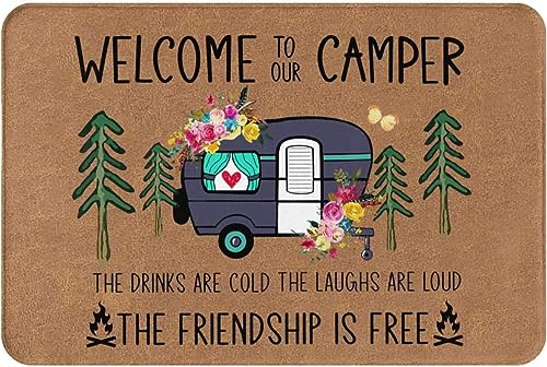Camper Doormat Welcome to Our Camper The Friendship is Free Camping Front Door Mat 24x16 Inch for Motorhomes RV Room Entrance,Gift Camper,Decorative Camp Rug for Trailer Kitchen Floor Bedroom