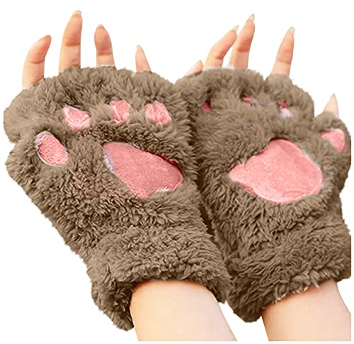 Niedliche Katze Klaue Pfote Plüschwarme Fingerlose Handschuhe - Kawaii Cosplay Kunstpelz Warm Katzen Winter Halbfingerhandschuhe für Damen Mädchen Frauen (Coffee, One Size)