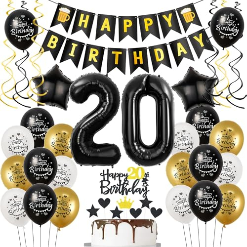 Luftballons 20. Geburtstag Schwarz Golden, Geburtstagsdeko 20 Jahre Mann Frauen, Ballon 20. Geburtstag, Folienballon Zahl 20, deko 20. geburtstag Frauen, Schwarz Tortendeko 20 Mann Deko