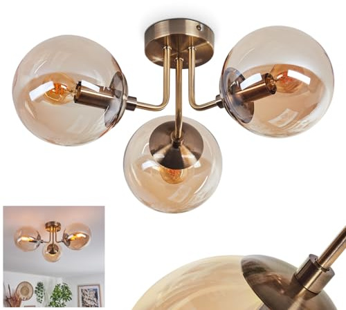 HOFSTEIN Deckenleuchte Cabalonga, Deckenlampe aus Metall/Glas in Altmessing-/Rauchfarben, moderne Leuchte im Retro/Vintage-Design (Ø Schirme 15 cm), 3 x E14, Schlafzimmer, Wohnzimmer, Küche, Esszimmer