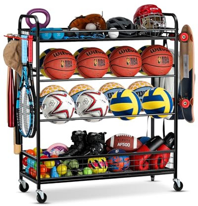 EXTCCT Garage Sports Equipment Organizer - Rolling Ball Storage Bin with Wheels, Garage Sports Gear Rack Outdoor Basketball Racks for Balls with Baseball Bat Holder and Hooks, Toy Organizer