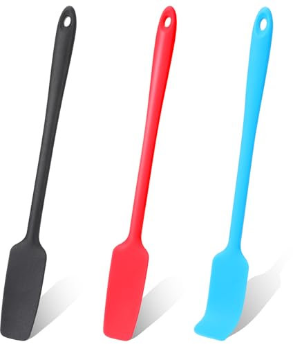 3 Stück Silikon Spatel Hitzebeständig Spatel Lange Griff Antihaft Gummi Schaber Teigschaber Nahtlose Gummi Spatel Rühren Mischwerkzeuge für Kochen Backen (Schwarz+Rot+Blau)
