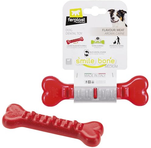 Ferplast Hunde Spielzeug, Knochen Futterspender, Trockenfutter Hund Leckerli, Strapazierfähigem Material, Fleischgeschmack, für die Zahnhygiene, Smile Hundeknochen, Mittelgroßes Hundespielzeug, Rot