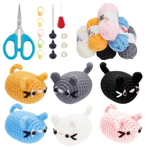 ORIGACH 12 Sets Katzen-Häkel-Set für Anfänger, Niedliche Katzen-Starter-Häkel-Set, Komplettes Häkel-Set mit Garn, Füllung, Häkelnadel und Anleitung für Erwachsene