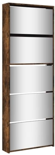 vidaXL Schuhschrank, Schuhkipper mit Spiegel 5 Fächern, Schuhregal Schuhablage für Eingangsbereich Flur Wohnzimmer, Schuhkommode Schuhaufbewahrung, Räuchereiche