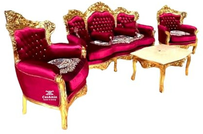 Französisches Sofa Set im Antiken Stil in rotem Samt, Wohnzimmer Sofa Set im Barock Rokoko Stil in Bordeaux Farbe Samt Gold Finish für die Inneneinrichtung