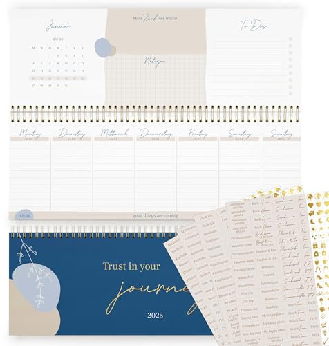 KIND OF HAZEL® Tischkalender 2025 Blau + Sticker Set I Tischkalender 2025 Quer mit To Do Listen & Notizen I Hochwertiger Stehkalender Wochenplaner mit Goldfolienprägung | Schreibtisch Kalender 2025
