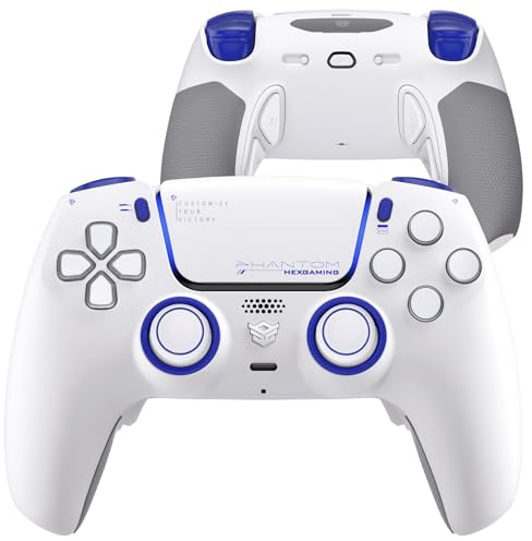 HEXGAMING PHANTOM Pro Juego Controlador para ps5/PC/Móvil, Elite Gamepad con 4 Botones Reasignables/6 Perfiles de Remapeo/8 Palancas/Gatillos Ajustables para ps5 Juego Adaptable-Blanco Visión