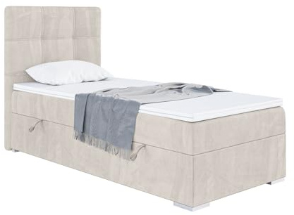 MEBLINI Boxspringbett mit Bettkasten - Gepolstert Einzelbett mit Matratze und Topper - Polsterbett mit Stauraum - Bett mit Kopfteil - Stauraumbett - Kai - 100x200 Links - H3/Beige Samt