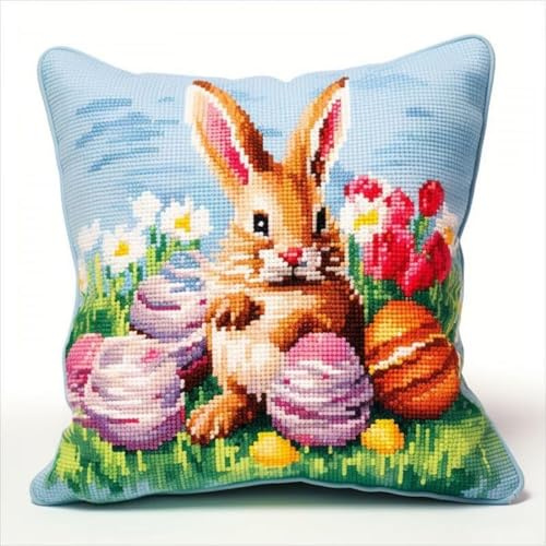 ORLUMY DIY Knüpfkissen Set Hase Und Ostereier Knüpfhaken Kits Fantasie Tiere Kissenbezug Stickerei Teppich Set Handarbeit Häkeln Kissen Stickset 43x43cm