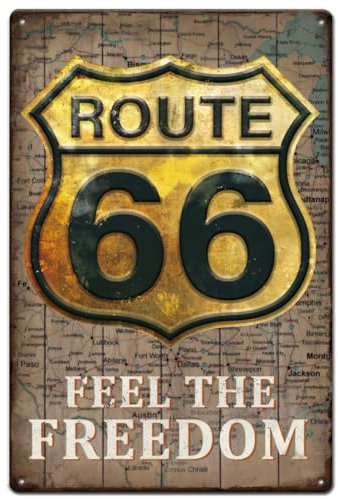 SUPERDANT Blechschild Route 66 Metallschild Goldene Retro Blechschilder Plakette Goldene Metallschilder Für Schlafzimmer Wohnzimmer Männerhöhle Altmodische Wanddekor 30x20cm