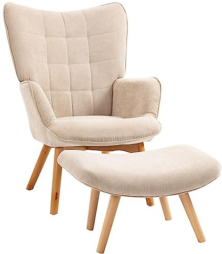 HOMCOM Fauteuil avec Repose Pied, Fauteuil Salon avec Pieds en Bois, Dossier Haut et Tissu Aspect Velours côtelé, pour Salon Chambre à Coucher Beige