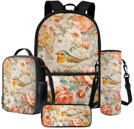 Xoenoiee Mochila escolar para niños, paquete de 4 piezas con lonchera aislada, bolsa para botella de agua, estuche para lápices, suministros de vuelta a la escuela, American Robin Rose Floral, Talla