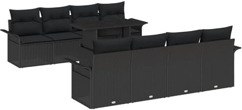 vidaXL Gartensofa-Set mit Kissen 9 pcs Schwarz Poly-Rattan, Verstellbares Tischset, modernes Patio, wetterfester Sofa, luxuriöse Gartenmöbel, modulare Sitzmöbel